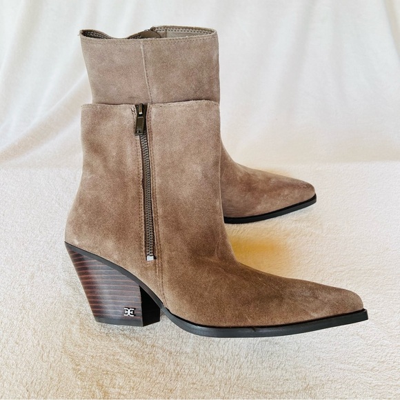 SAM EDELMAN JANE BLOCK HEEL TAN SUEDE LEATHER SNIP TOE ANKLE BOOTS SIZE 8.5 NWT - Picture 2 of 11